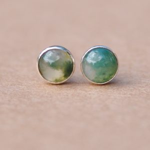 Agate Earrings Handmade With Sterling Silver Earring Studs, 5 Mm Green Moss Agate Natural Cabochon Gemstones. Ideal Gift, Quality, Unique Agate Earrings Handmade With Sterling Silver Earring Studs, 5 Mm Green Moss Agate Natural Cabochon Gemstones. Ideal Gift, Quality, Unique
