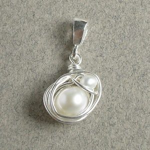White Pearl Pendant, Mom And Baby, Sterling Silver Bird Nest Charm, Wire Wrapped Jewelry, Baby Shower Gift White Pearl Pendant, Mom And Baby, Sterling Silver Bird Nest Charm, Wire Wrapped Jewelry, Baby Shower Gift