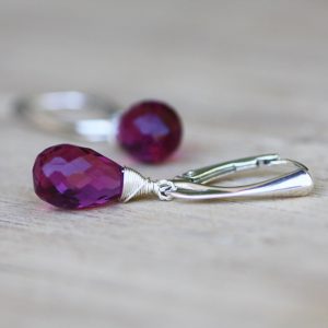 Wire Wrapped Briolette Purple Rhodolite Garnet Earrings In Sterling Silver , January Birthstone , 15th Anniversary , Wedding , Bridal Wire Wrapped Briolette Purple Rhodolite Garnet Earrings In Sterling Silver , January Birthstone , 15th Anniversary , Wedding , Bridal