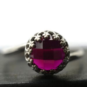 Ruby Cocktail Ring, Handmade Sterling Silver Twist Ring, 8mm Round Dark Pink Gemstone Ring, Created Ruby Statement Jewelry Ruby Cocktail Ring, Handmade Sterling Silver Twist Ring, 8mm Round Dark Pink Gemstone Ring, Created Ruby Statement Jewelry