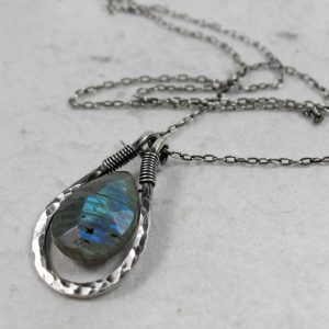 Labradorite Teardrop Necklace, Protection Stone, Faceted Briolette, Sterling Silver, Copper, Oxidized, Hammered, Third Eye Chakra Labradorite Teardrop Necklace, Protection Stone, Faceted Briolette, Sterling Silver, Copper, Oxidized, Hammered, Third Eye Chakra