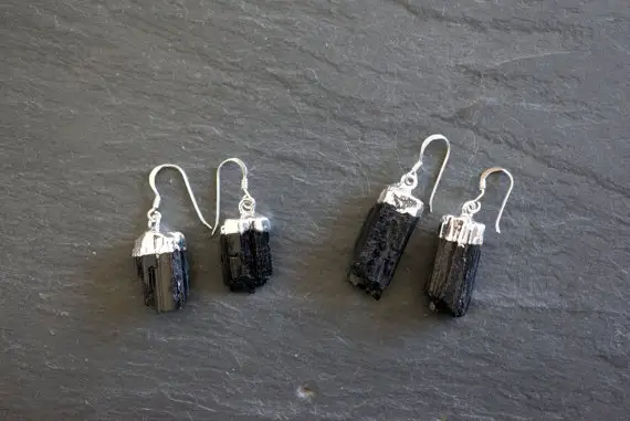 Raw Tourmaline Earrings, Silver Tourmaline Earrings, Black Tourmaline Earring, Tourmaline Gemstone Earrings