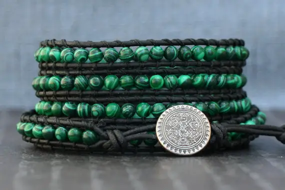 Wrap Bracelet- Malachite And Black Leather- Beaded Leather Wrap Bracelet - Boho Mens Or Womens