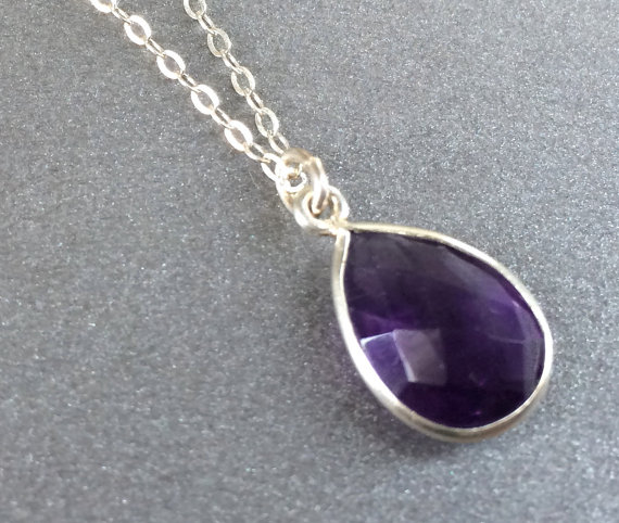 Amethyst Necklace, February Birthstone Necklace Amethyst Faceted Teardrop Sterling Chain, Bridesmaids Jewlery