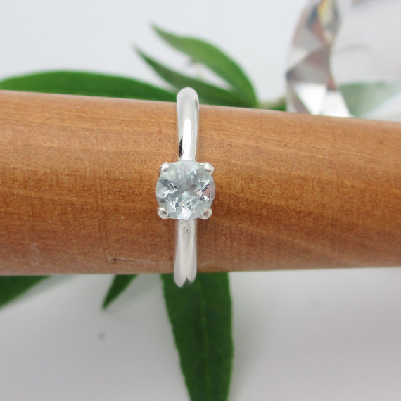 Aquamarine Ring In Sterling Silver, Round Faceted Gemstone