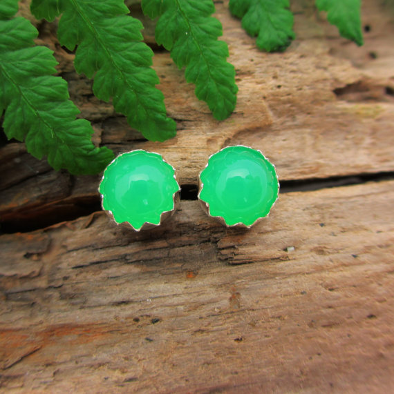 Chrysoprase Stud Earrings | 14k Gold Or Sterling Silver Cabochons | Low Profile Serrated Or Crown Setting | Gem Grade