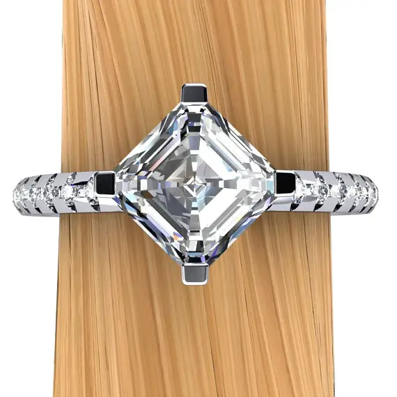 Platinum Asscher Diamond Engagement Ring, One-carat Modern Melee Setting