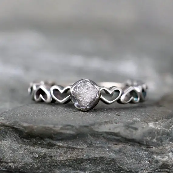 Uncut Diamond Heart Design Band Engagement Ring - Rough Raw Diamond Rings - Heart Wedding Set - Promise Rings - April Birthstone