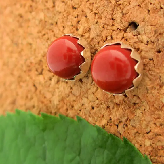 Fair Trade Mookaite Jasper Stud Earrings | Brick Red Cabochon Earrings In Silver | 6mm