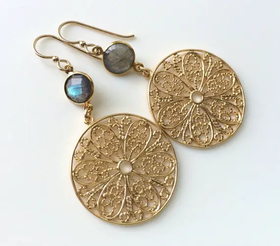 Labradorite Earrings, Labradorite Gold Earrings, Grey Gold Dangles, Faceted Round Labradorite, Gold Filled Wires
