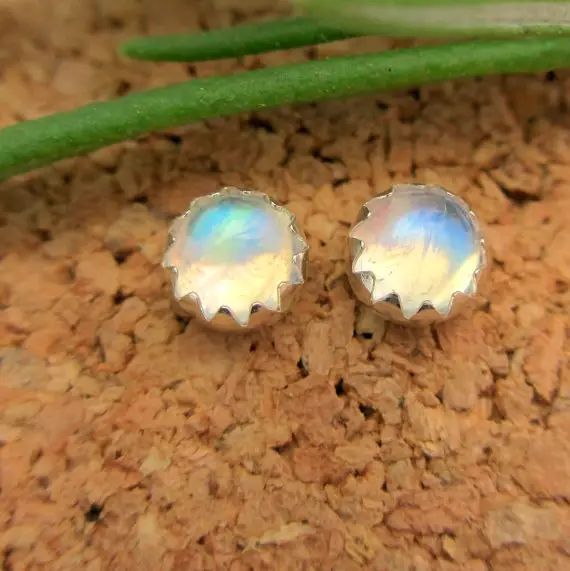 Moonstone Stud Earrings, 14k Gold Or Sterling Silver | Cabochon Post Earrings | Blue Rainbow Moonstone | Made In Oregon