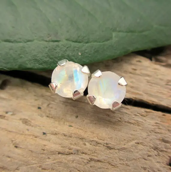 Rainbow Moonstone Stud Earrings In Gold, Silver, Platinum With Genuine Gems | 4mm