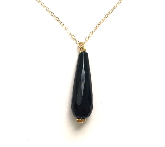 Black Onyx Gold Necklace, Long Teardrop Black Onyx Necklace, Gold Filled Chain Necklace