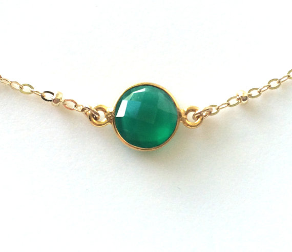 May Birthstone Necklace, Emerald Green Necklace, Emerald Onyx, Green Onyx Necklace, Satellite Chain In Gold Filled