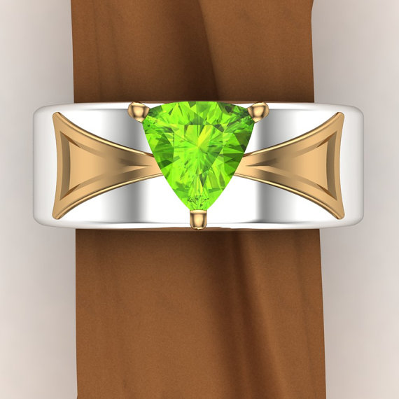 Men's Peridot Trillion Ring | 14k Green & White Gold Or Platinum | Geometric Mixed Metal Band | "baelfire"