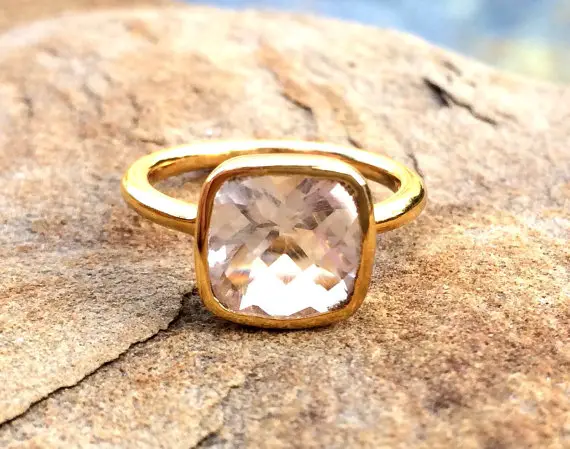 April Birthstone Ring, April Birthday Gift, Clear Rock Crystal Stackable Ring, Square April Ring, Gold Clear Crystal Ring,birthstone Jewelry