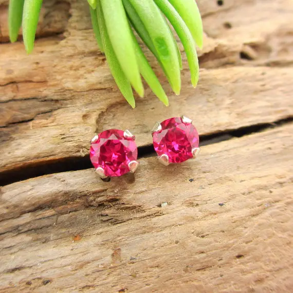 Pink Ruby Earrings: Solid 14k Gold, Platinum Or Sterling Silver Studs | Hot Pink Pomegranate Earrings | Lab Created Gems
