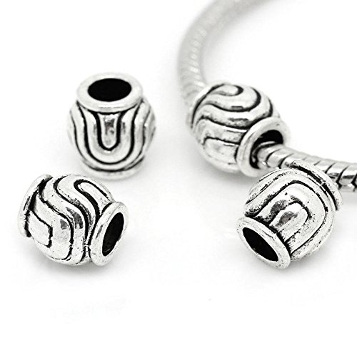 50pc Antique Silver Barrel Carved Pattern Spacer Beads Large Hole Fits Europe...