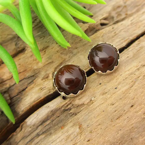 Brown Fire Agate Cabochon Studs | 14k Gold Or Sterling Silver Stud Earrings | 4mm, 6mm Serrated Or Crown Earrings With American Gemstones