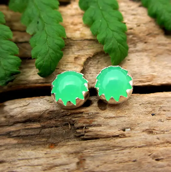 Chrysoprase Stud Earrings | 14k Gold Or Sterling Silver Cabochons | Low Profile Serrated Or Crown Setting | A Grade
