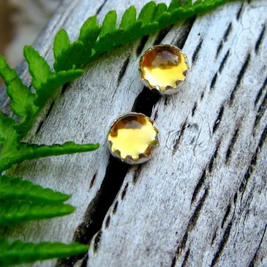 Citrine Cabochon Studs | 14k Gold Stud Earrings Or Sterling Silver Soft Yellow Studs | 4mm, 6mm Low Profile Serrated Or Crown Earrings