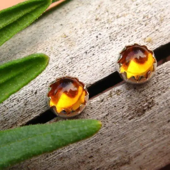Citrine Cabochon Studs, 14k Gold Stud Earrings Or Sterling Silver Golden Yellow Studs - 4mm, 6mm Low Profile Serrated Or Crown Earrings