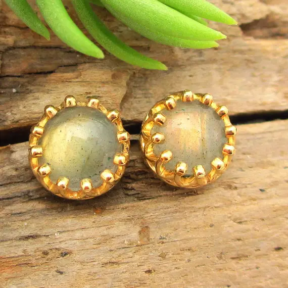 Labradorite Stud Earrings, Iridescent Cabochon Earrings In Yellow Gold, 6mm