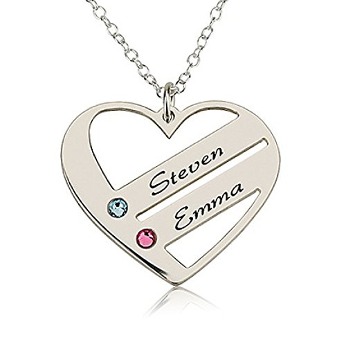 Love Pendant Heart Necklace With Birthstones - Birthstone Heart Necklace - Custom Made With Any Names (18 Inches)