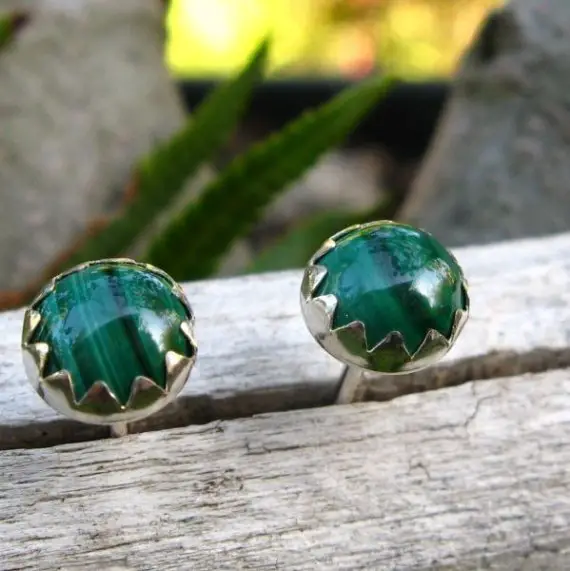 Malachite Cabochon Studs | 14k Gold Stud Earrings Or Sterling Silver Malachite Studs | 6mm Low Profile Serrated Or Crown Earrings