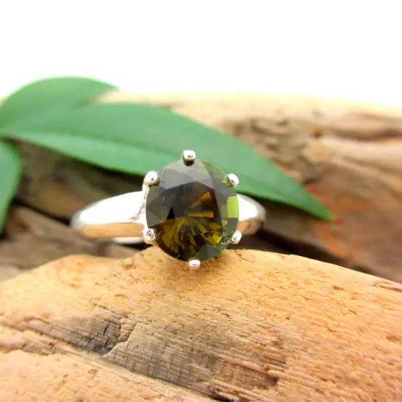 Olive Green Tourmaline Ring In Sterling Silver, Oval Faceted Gemstone