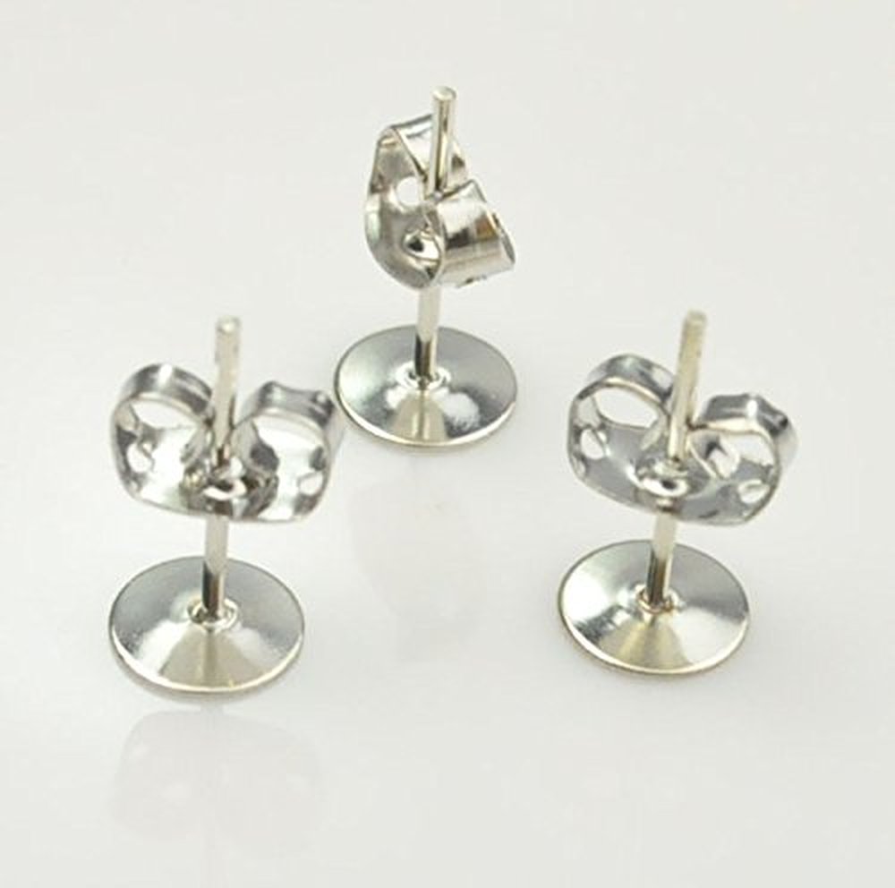 100pcs Silver-plated Brass 4-6-8mm Flat Pad Surgical Steel Post Earring Finding Package (4mm)
