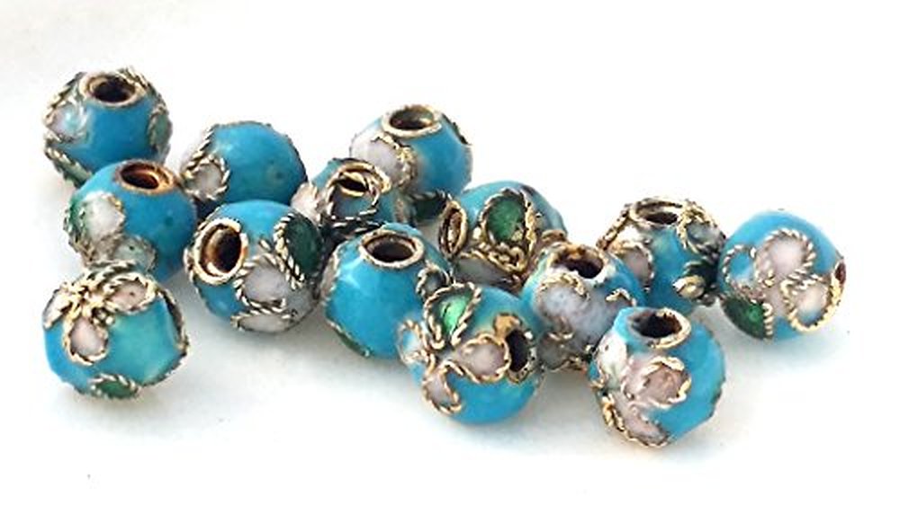 14 Chinese Handmade Metal Enamel Cloisonne Beads- Light Blue- 5mm