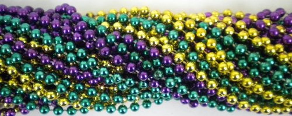 33 Inch 07mm Round Metallic Purple Gold And Green Mardi Gras Beads - 6 Dozen (72 Necklaces)