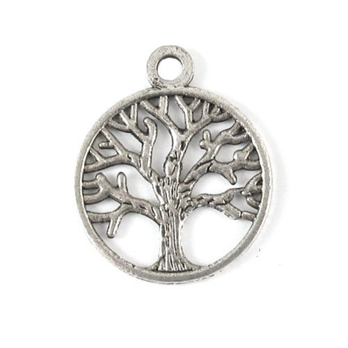 50pcs Life Of Tree Design Round Metal Charm Pendents (antiqued Silver)