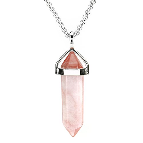 Beadnova Natural Watermelon Cherry Quartz Healing Point Reiki Chakra Cut Gemstone Pendant Necklace Gift Box Packing