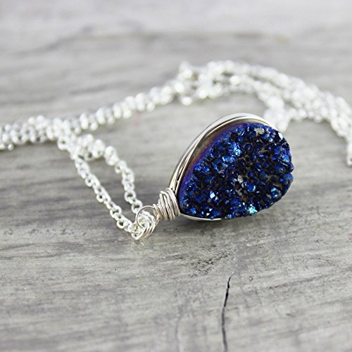 Blue Druzy Teardrop Sterling Silver Necklace - 18" Length