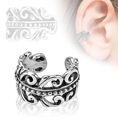 Carved Swirls Rhodium Plated Brass Non Piercing Ear Cuff & Free Items