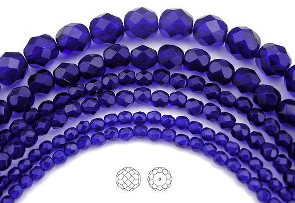 Cobalt Blue, Czech Fire Polished Round Faceted Glass Beads, 16 Inch Strand