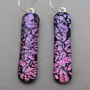 Handcrafted long dangle flora fused dichroic glass earrings purple and pink dichroic glass drop earrings. Sterling silver ear wires fused glass jewelry. Ready to ship | Shop jewelry making and beading supplies, tools & findings for DIY jewelry making and crafts. #jewelrymaking #diyjewelry #jewelrycrafts #jewelrysupplies #beading #affiliate #ad