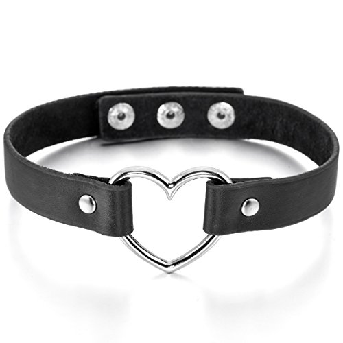 Heart Leather Necklace Choker Collar Black Silver Adjustable Punk Rock