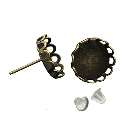 Housweety 10pairs Bronze Tone Cabochon Settings Earring Post W/stoppers 15x13mm(fit 12mm)