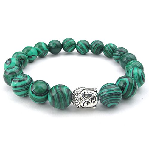 Konov Natural Energy Stone Beads Gemstone Malachite Mens Womens Bracelet, 10mm Buddha Mala, Green