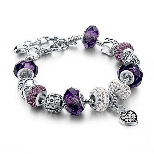 Long Way Silver Plated Snake Chain Charm Bracelets Bangles Purple Murano Glass & Crystal Beads Fit Bracelet For Women