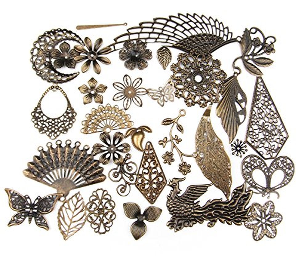 Mixed Antique Bronze Filigree Charm Pendant Jewelry Findings: 50g/55pcs