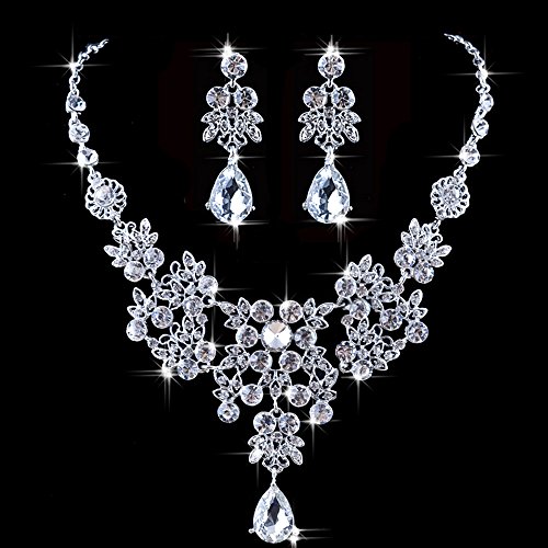 Outop Silver Red Alloy Rhinestone Earrings Crystal Pendant Necklace Bridal Jewelry Set (white)