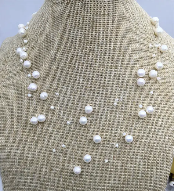 Floating Necklace,illusion Necklace,multistrand Necklace, White Pearl Necklace,bridesmaid Necklace,npn3-007
