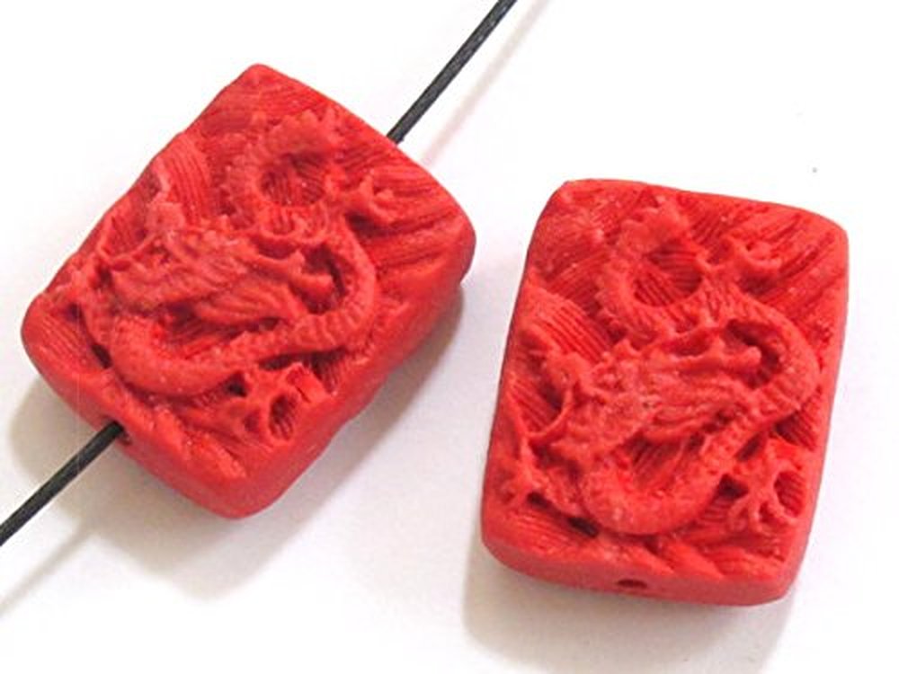 Rectangular Tibetan Dragon Carved Lacquerware Cinnabar Beads