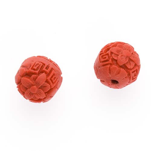 Red Cinnabar Round Oval Focal Beads 12mm Lucky Flower Design (x2)