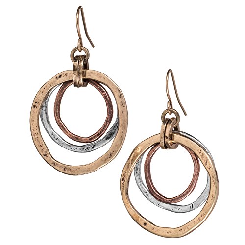 Tricolor Sunrise Earrings, Triple Circles In Copper, Brass And Silver Tone