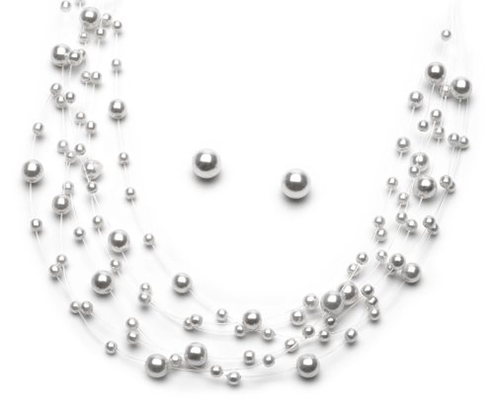 White Simulated Pearl & Illusion Wire Necklace & Earrings